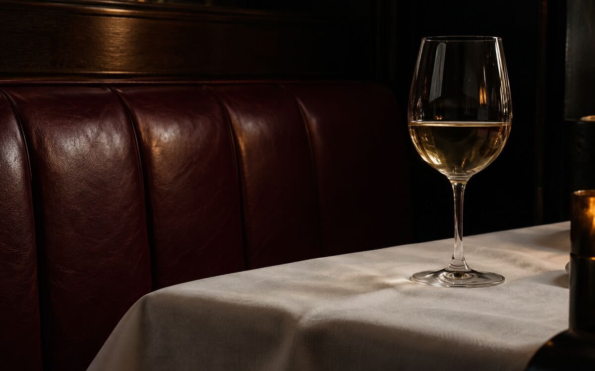 A wine glass beside a leather banquette and white linen