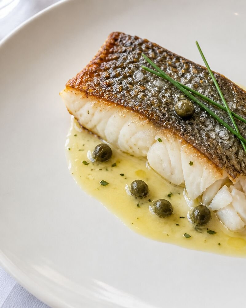 Crisp-skinned fish fillet with lemon butter on a white plate