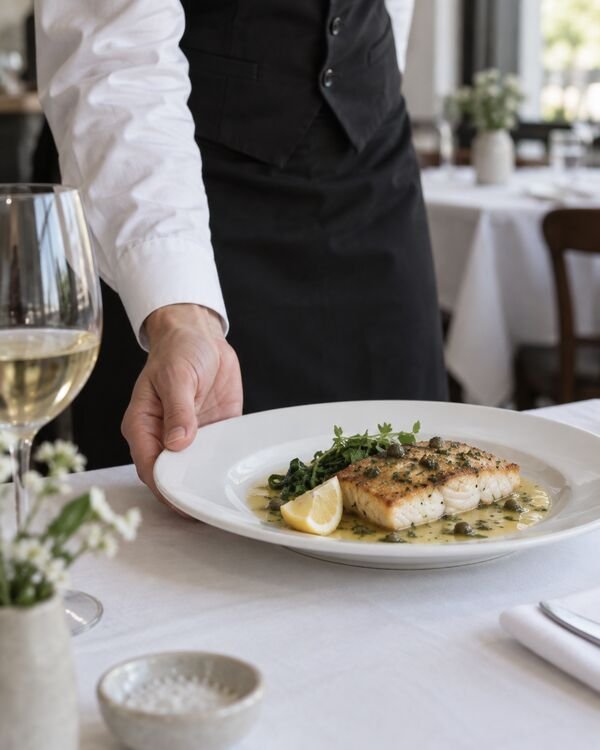 A server bringing a cooked fish fillet to a linen-covered table